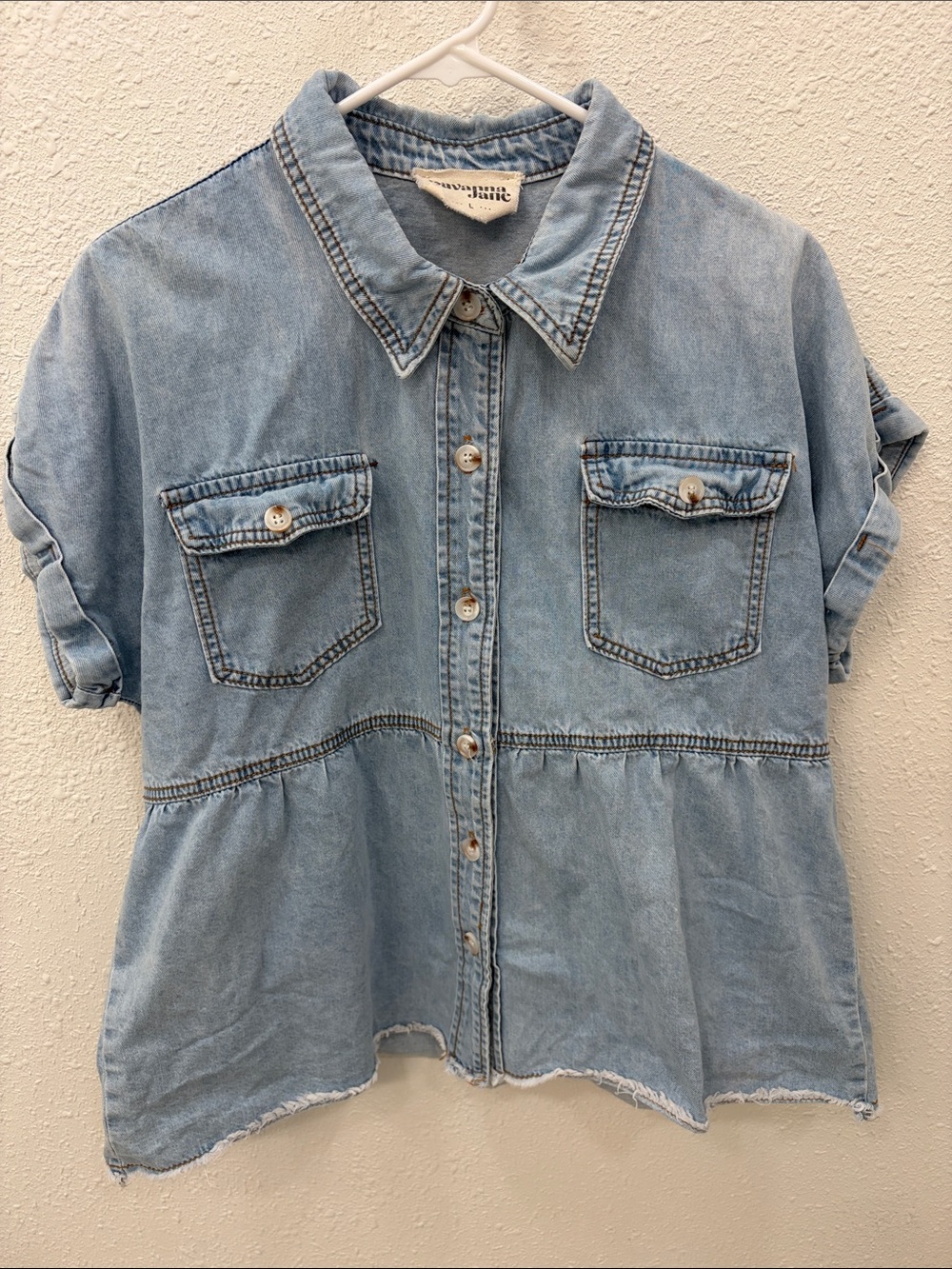 Savanna Jane Light Blue Denim Button-Front Peplum Top